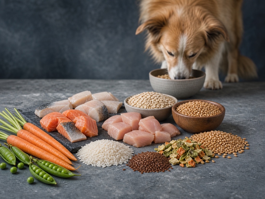 Ingrédients pour alimentation animale avec céréales, légumes, poisson, volaille et chien au bol