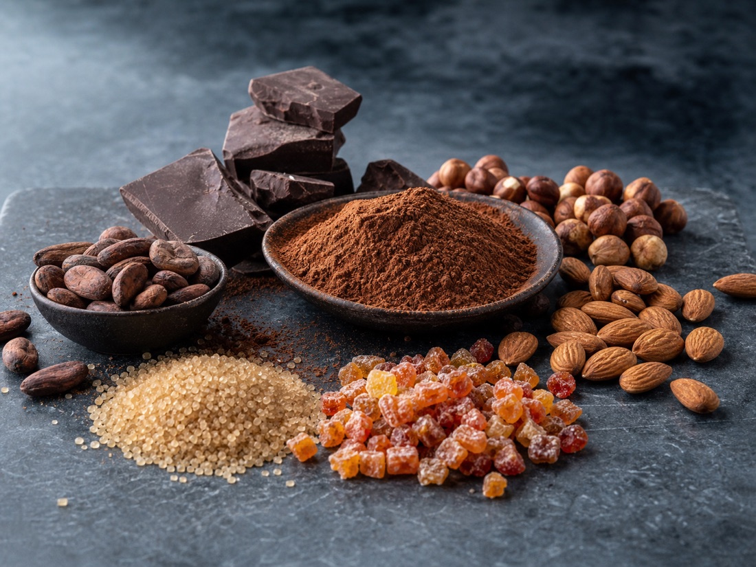Cacao, chocolat, fruits confits et fruits secs en composition still life