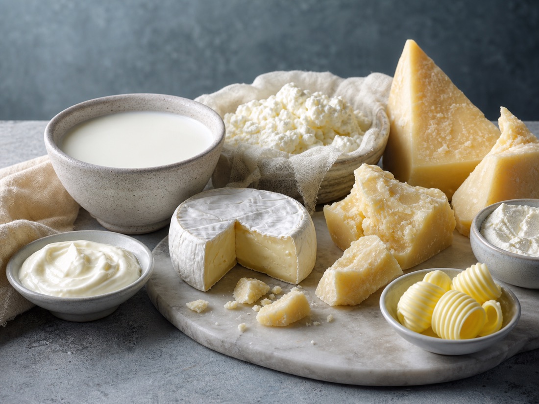 Lait, fromages, crème et beurre en composition still life