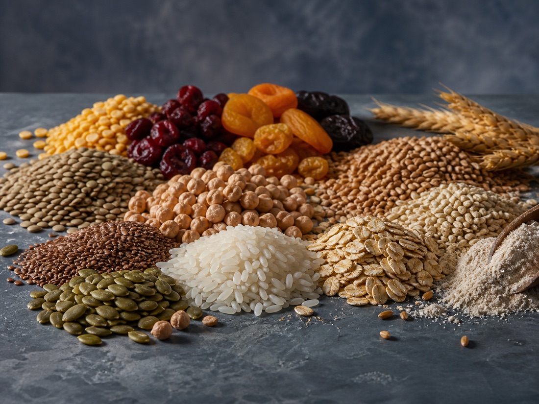 Riz, céréales, légumineuses, graines et fruits secs en composition still life