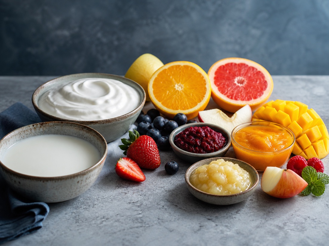 Lait, yaourt naturel et fruits frais en composition still life